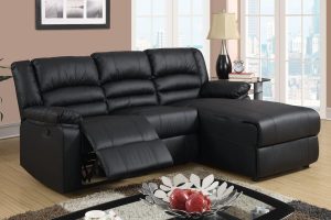 Black Bonded Leather Sectional Sofa with Single Recliner